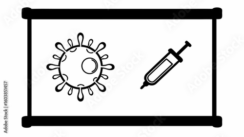 Illustration of a virus and a syringe inside a black frame on a white background in a simple style