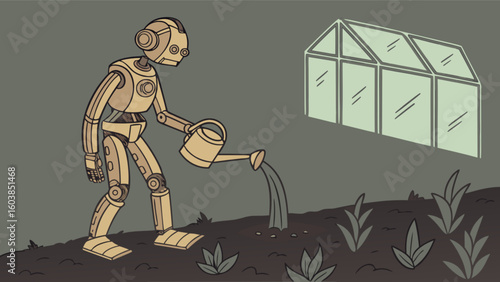 Illustration of a robot watering plants in a garden near a greenhouse with a gray background color