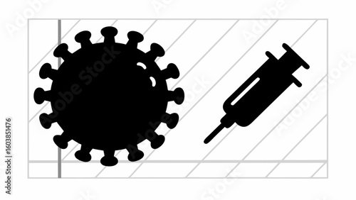 Silhouette of a coronavirus cell and a syringe on a lined background representing vaccination effort