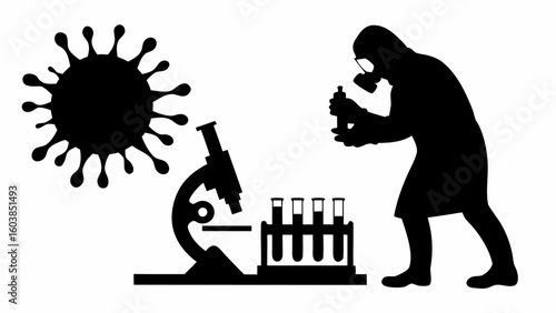 Silhouette of scientist in hazmat suit analyzing virus with microscope and test tubes in laboratory