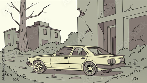 A cartoon illustration of a car parked in front of a dilapidated building with a tree nearby
