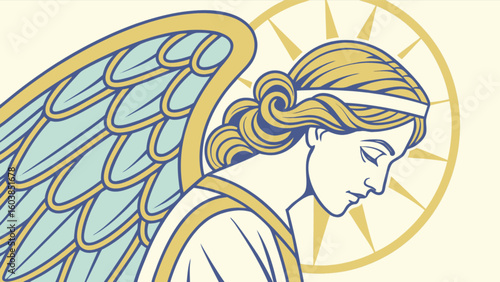 Illustration of an angel with wings and a halo looking down in a serene and peaceful manner