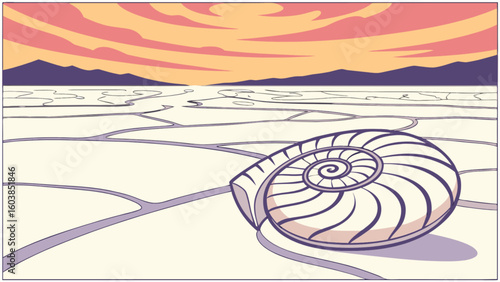 Stylized landscape with a large nautilus shell in the foreground and mountains in the distance