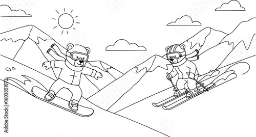 two cartoon bears enjoying winter sports on snowy mountain slopes, black and white, simple line drawing, clouds in the sky,  
