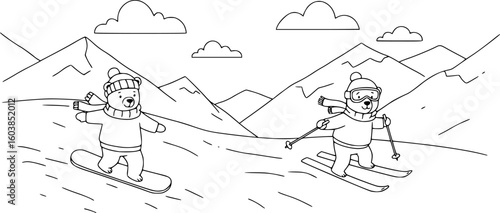two cartoon bears enjoying winter sports on snowy mountain slopes, black and white, simple line drawing, clouds in the sky,  
