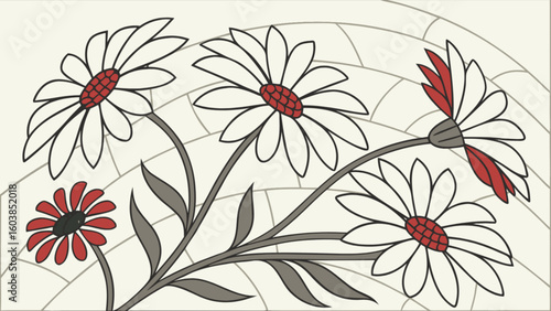 Illustration of daisies with white petals and red centers against a patterned background
