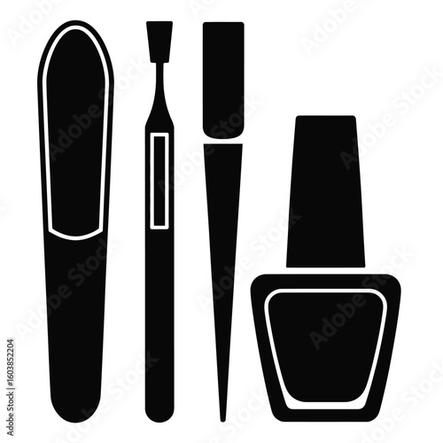 Nail care tools set with nail file, clipper, cuticle pusher, and polish bottle in black and white vector illustration style