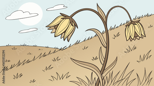Illustration of two drooping yellow flowers with brown stems in a grassy field under a cloudy sky