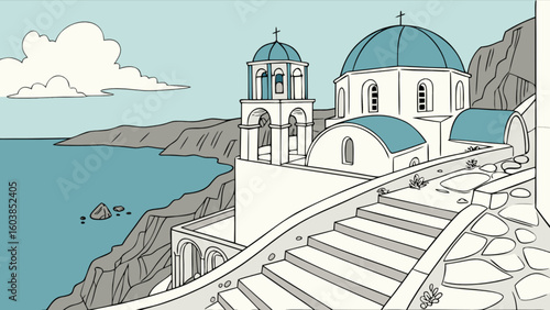 View of a greek orthodox church with blue domes overlooking the aegean sea on a sunny day landscape