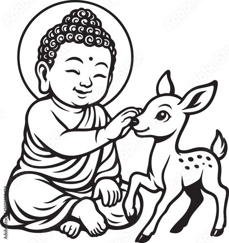 Baby buddha play with beautiful young deer fawn 
