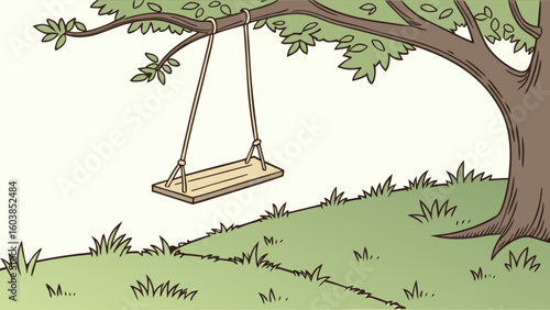 A simple cartoon illustration of a wooden swing hanging from a tree branch in a grassy landscape