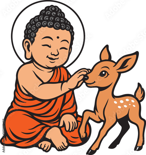 Baby buddha play with beautiful young deer fawn 