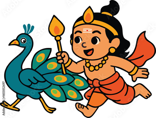 Baby God murugan play with beautiful peacock  god of war in Hindu mythology. God of tamil language 