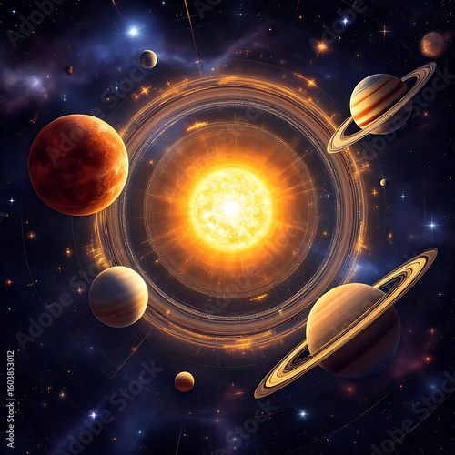 Planets of the Solar System. Top View of the Solar System
. Planets Revolving Around the Sun. Space and Orbits