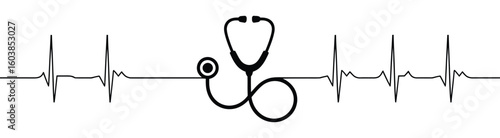 stethoscope integrated into ECG heartbeat line illustration, symbolizing heart checkup, diagnostics and cardiology in minimalist vector style