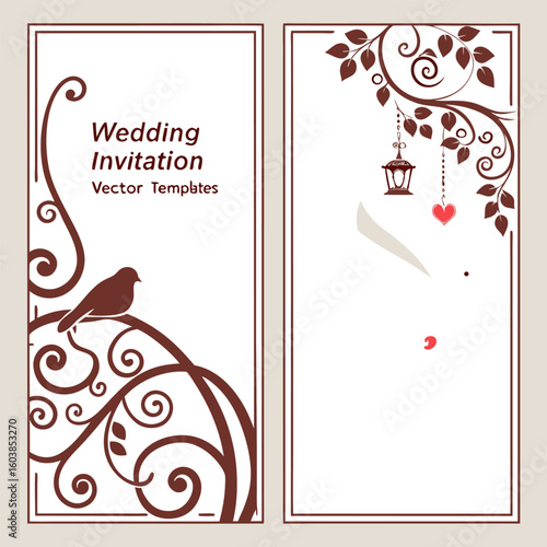 Elegant wedding invitation templates featuring romantic swirls a bird a lantern and a heart emblem for a special celebration