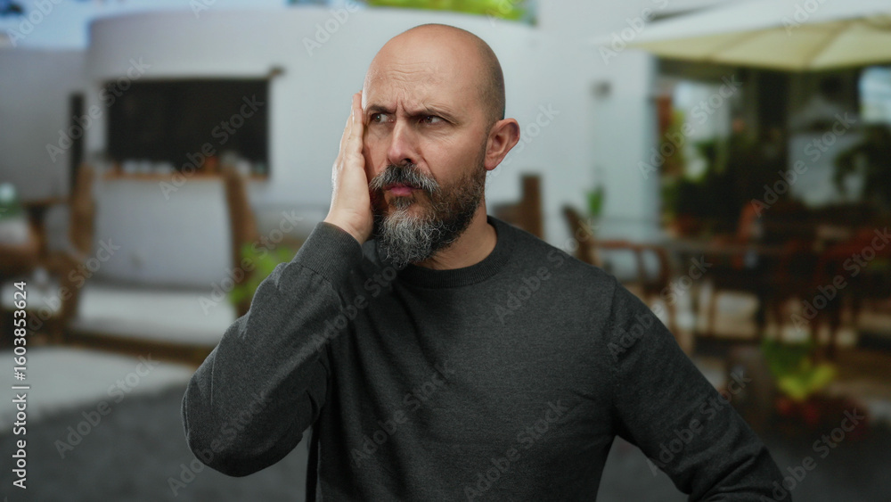 Naklejka premium Man standing on urban terrace of restaurant displaying contemplation and concern with hand on face in a city setting during daytime.