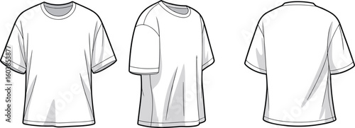 Oversized t-shirt fashion flat sketch with front, side, and back view, vector template for clothing design, cad illustration