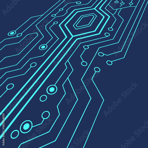 a blue circuit board with lines and dots