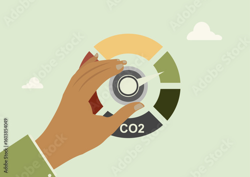 Hand Adjusting CO2 Carbon Emission Control Dial. Human hand turning carbon dioxide emission control dial, representing environmental management and climate change. Carbon footprint.Vector illustration