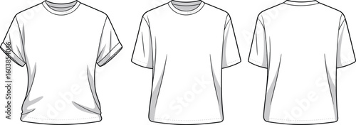 T-shirt flat sketch with cuffed sleeves, front side and back view for fashion design, apparel CAD, technical drawing illustration