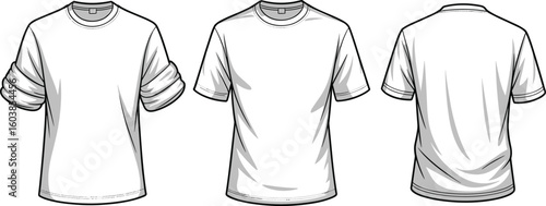 Basic t-shirt flat sketch showing rolled sleeve, short sleeve, and back view for apparel CAD design and fashion illustration