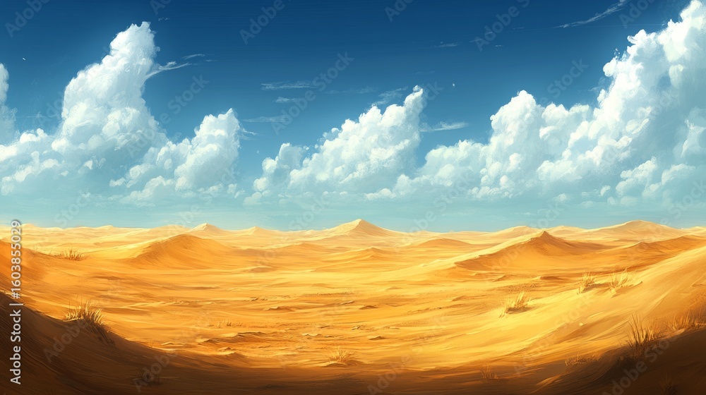 Fototapeta premium Golden Desert Landscape: Panoramic view of vast sand dunes stretching towards the horizon under a vivid blue sky, where clouds gently drift, a testament to nature's grand design and a timeless beauty.