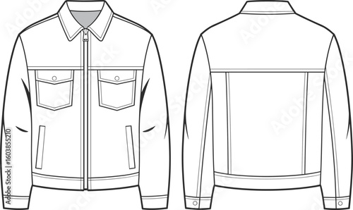 Men’s casual denim jacket flat sketch front and back with zipper, chest pockets, collar, long sleeves for fashion design