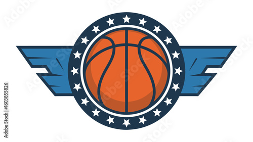 Basketball with Wings Logo Star Border, Orange Ball, Blue Wings Icon