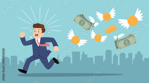 Businessman Running From Flying Money With Wings Over City Skyline, Cartoon Illustration