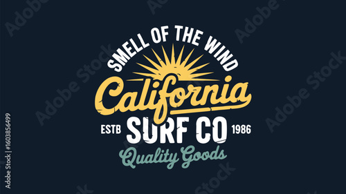 California Surf Co. Quality Goods Smell of the Wind with Sunburst, Navy Background