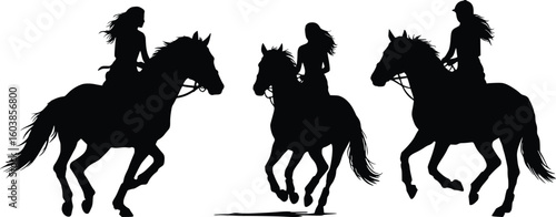 Silhouette of three horseback riders in motion, wearing hats, galloping forward in harmony and dynamic energy