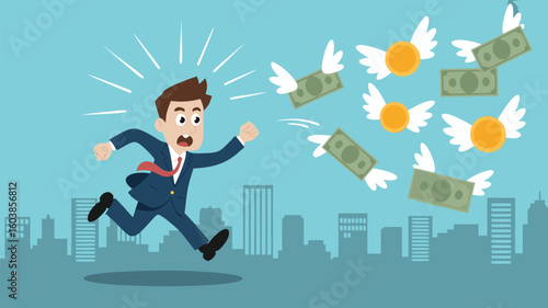 Cartoon Businessman Running from Flying Money and Coins Losing Wealth in Cityscape