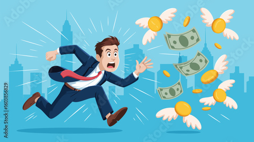 Cartoon Businessman Running Away From Flying Money Against a Cityscape Backdrop Illustration
