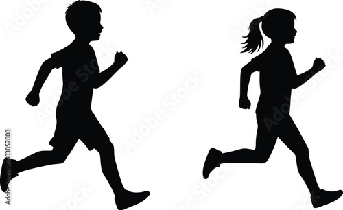 Silhouette of two runners in motion, one with short hair and the other with tied-back hair