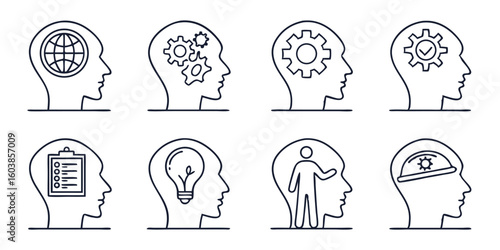 Psychotherapy Types line icon set. Vector pictograms of therapy methods, approaches, mental health treatments, cognitive, behavioral, humanistic, positive psychology gestalt thin linear illustration.