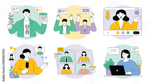 Cartoon Illustration of People in Video Conferences, Presentations, and Online Communication Scenarios