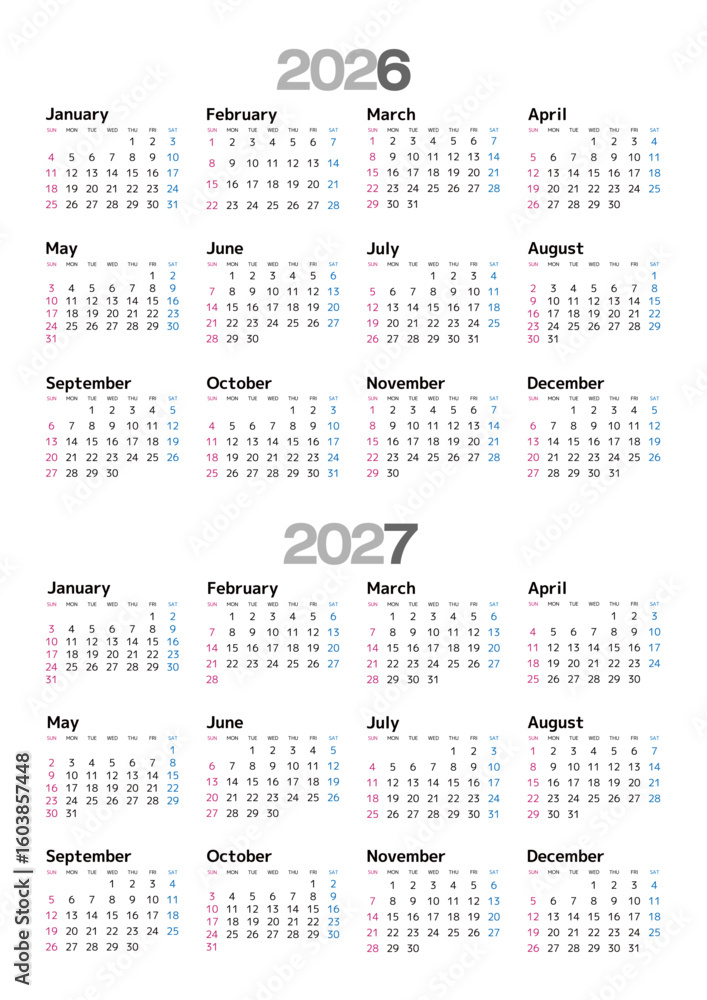 2026-2027年 年間カレンダー 日曜始まり 日本の祝日表記はありません 2026-2027年 年間カレンダー 日曜始まり 日本の祝日表記はありません