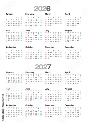 2026-2027年 年間カレンダー 日曜始まり 日本の祝日表記はありません