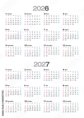 2026-2027年 年間カレンダー 日曜始まり