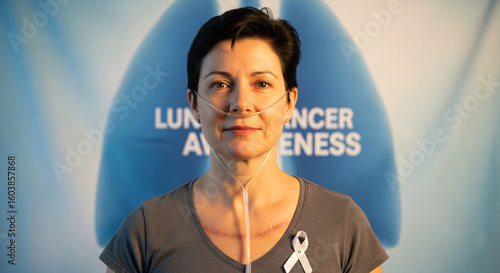 Brave Female Lung Cancer Survivor with Nasal Cannula and Chest Scars, Representing Awareness, Resilience, and the Journey of Healing against a Blue Lung Awareness Background