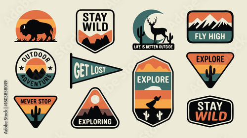 Collection of Adventure and Outdoor Themed Retro Style Logos and Badges on Cream Background