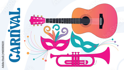 Colorful Carnival Illustration Featuring Musical Instruments and Masks on White Background with Carnival Text