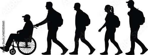 Silhouette of five people walking in line, one pushing a wheelchair, others with backpacks in side view