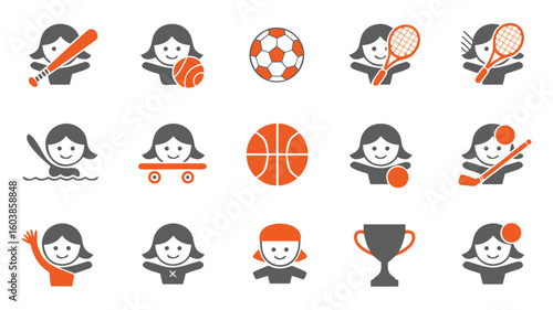 Diverse Sports Icons Featuring a Woman Baseball, Soccer, Basketball, Tennis, Swimming and More!