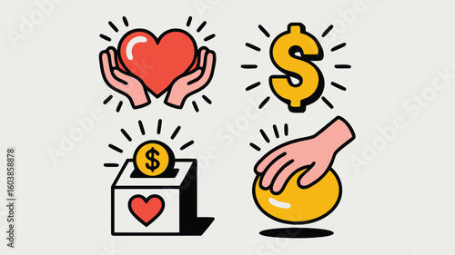 Donation and Charity Icons Featuring Heart in Hands, Coin Box, and Money Pot Illustrations