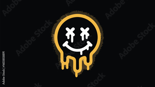 Dripping Smiley Face with X Eyes Yellow Outline and White Fill, Dark Background