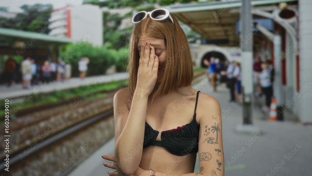 Fototapeta premium Young woman with tattoos smiling at an outdoor train station, surrounded by people waiting near the railway tracks during a sunny day.