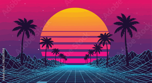 Retro sunset over tropical palm trees, evoking a sense of freedom and vibrant summer vibes