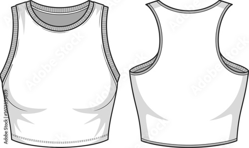 Sleeveless cropped tank top flat sketch, technical vector drawing front and back, fitted fashion apparel design for women and girls